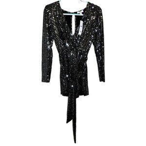 TOPSHOP black with metallic sequins body suit with shorts women's size 2, NEW